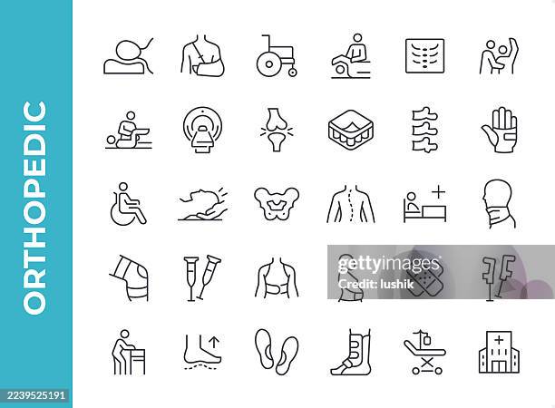 medical orthopedic icon set. editable stroke weight. pixel perfect icons. - neck muscle pain illustration stock illustrations