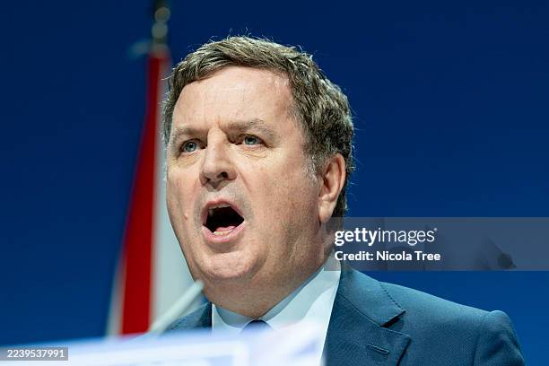 Mel Stride Shadow Chancellor of the Exchequer delivers a speech to the Conservative Conference on October 6, 2025 in Manchester, England.Kemi...