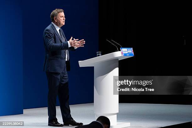 Mel Stride Shadow Chancellor of the Exchequer delivers a speech to the Conservative Conference on October 6, 2025 in Manchester, England.Kemi...