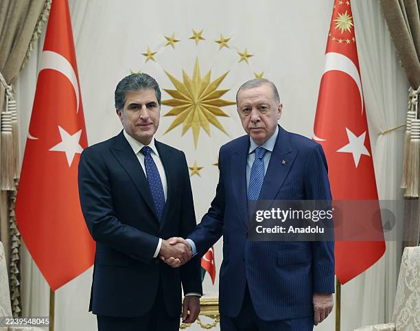 Turkish President Recep Tayyip Erdogan meets with the Iraqi Kurdish Regional Government President Nechirvan Barzani at the Presidential Complex on...