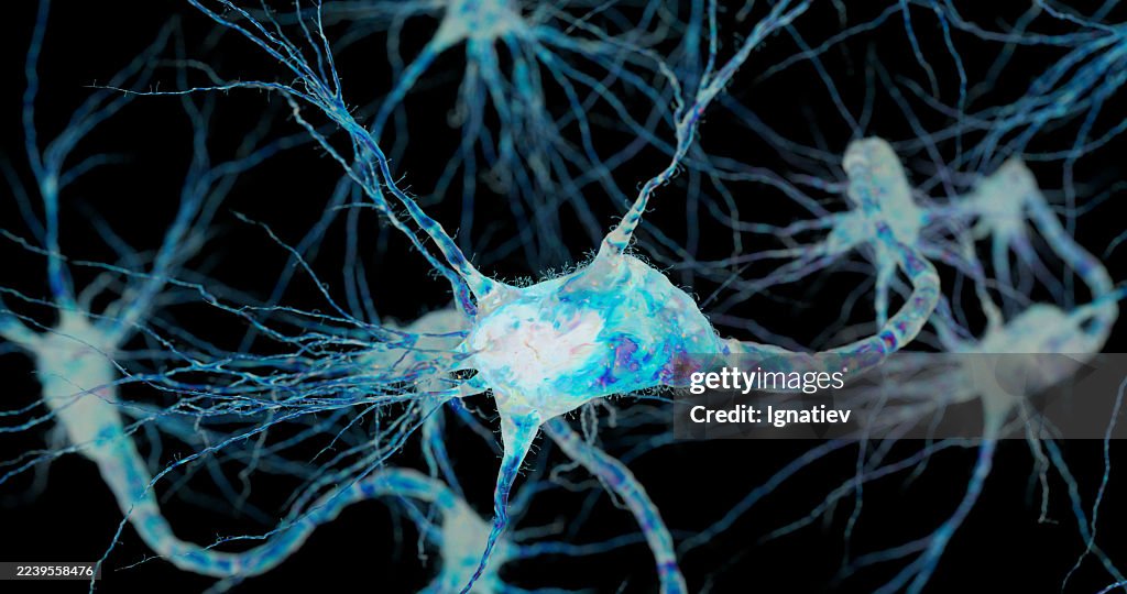 A single glowing neuron connects with others in a blue-tinted digital brain map.