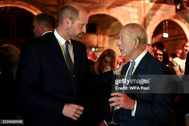 Prince William, Prince of Wales and King Charles III attend the Countdown to COP30 at the Natural History Museum on October 09, 2025 in London,...