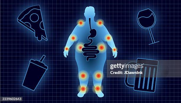 wissenschaftlicher diagrammstil chronische entzündung ungesundes lebensstilkonzept mit silhouette einer fettleibigen person mit verdauungssystem und flecken, die auf entzündungsbereiche am körper hinweisen - human-digestive-system-diagram stock-grafiken, -clipart, -cartoons und -symbole