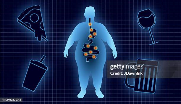 wissenschaftlicher diagrammstil chronische entzündung ungesundes lebensstilkonzept mit silhouette einer fettleibigen person mit verdauungssystem und flecken, die auf entzündungsbereiche am körper hinweisen - human-digestive-system-diagram stock-grafiken, -clipart, -cartoons und -symbole