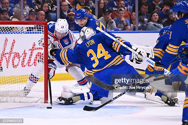 Alexis Lafrenière of the New York Rangers scores a goal against Alex Lyon of the Buffalo Sabres during the first period of an NHL game at KeyBank...
