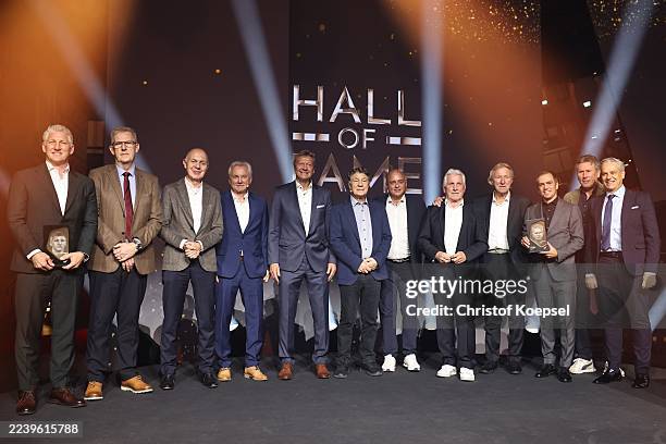 The honoured footballers Bastian Schweinsteiger, Mark Trautrmann, son of Bert Trautmann, Bernd Neuendorf, DFB president, Benno Möhlmann, Guido...