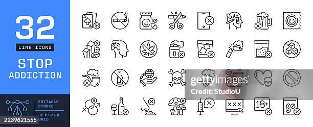 ilustraciones, imágenes clip art, dibujos animados e iconos de stock de stop addiction conjunto de iconos de trazo editable - centro de rehabilitación