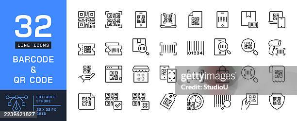 barcode und qr-code bearbeitbares strich-icon-set - strichkodeleser stock-grafiken, -clipart, -cartoons und -symbole