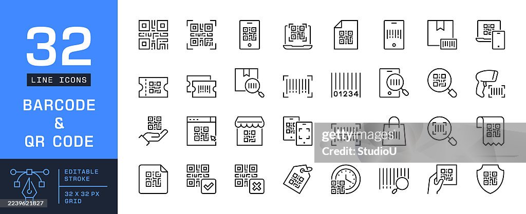 Bar Code and QR Code Editable Stroke Icon Set