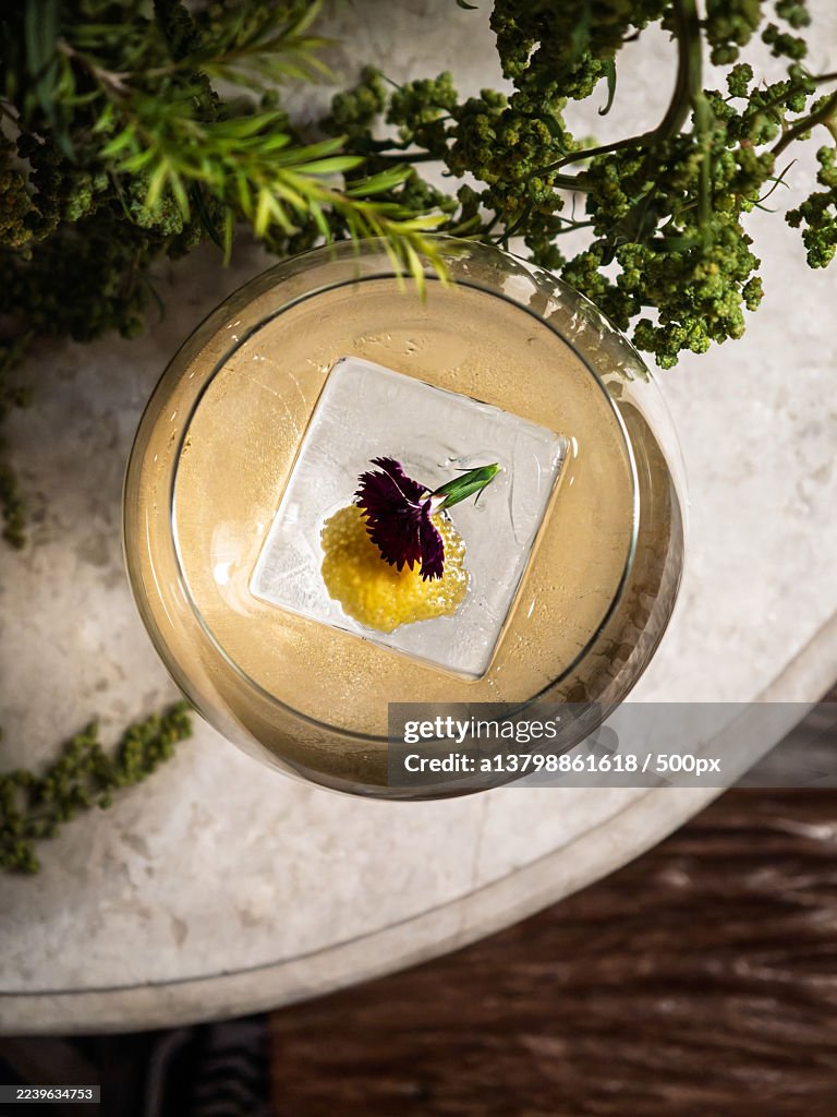 High angle view of a cocktail with ice cube and edible flower garnish on a marble table with green plants