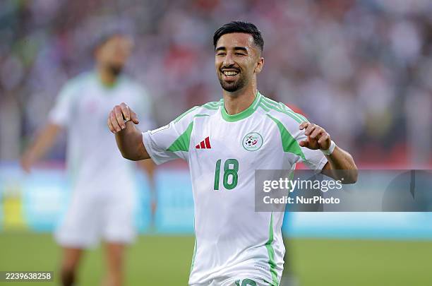 Algeria player Mohamed El Amine Amour celebrates after scoring a goal during the 2026 FIFA World Cup Qualifiers soccer match between Somalia and...