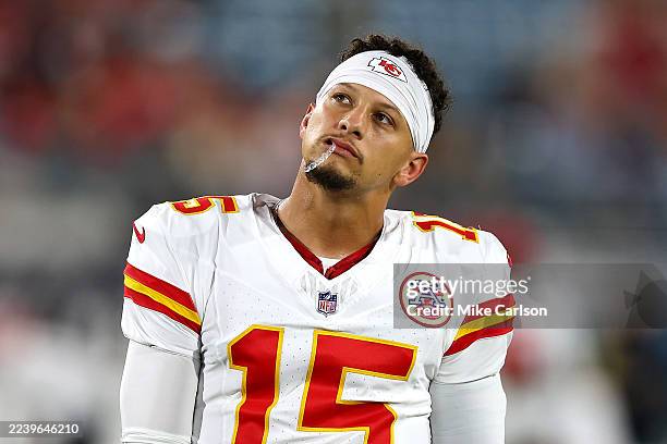 Patrick Mahomes of the Kansas City Chiefs looks on before the game against the Jacksonville Jaguars at EverBank Stadium on October 06, 2025 in...