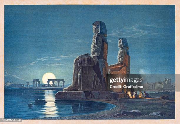 ilustraciones, imágenes clip art, dibujos animados e iconos de stock de los colosos de memnón por el faraón amenhotep iii cerca de luxor, egipto - faraón