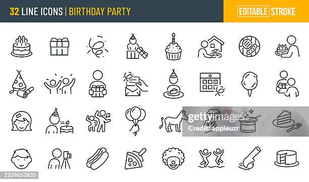 birthday party thin line icons - editable stroke - icons include children at a party, celebration, birthday cake, birthday present - bouncy castle stock illustrations