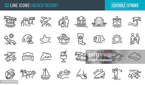 beach resort thin line icons - editable stroke - icons include vacations, tourist, tropical resort, sea life, tourism, travel, hotel - beach house stock illustrations