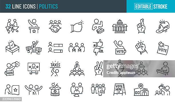 politics thin line icons - editable stroke - icons include people voting, politicians, election, political candidate, political campaign - public service stock illustrations