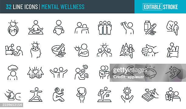 mental wellness thin line icons - editierbarer strich - zu den symbolen gehören selbstfürsorge, achtsamkeit, wohlbefinden, gesunder lebensstil - meditieren stock-grafiken, -clipart, -cartoons und -symbole