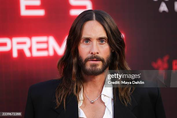 Jared Leto arrives at the premiere of Disney's "Tron: Ares" at TCL Chinese Theatre on October 06, 2025 in Hollywood, California.
