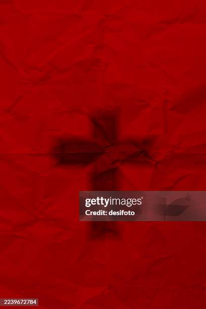 blank wrinkled crushed unwrapped wrapping paper vertical vibrant red maroon vector background with one black faded spray painted burnt cross symbol or crucifix sign for jesus crucification, crucifixion for good friday,, easter, baptism - easter cross stock illustrations
