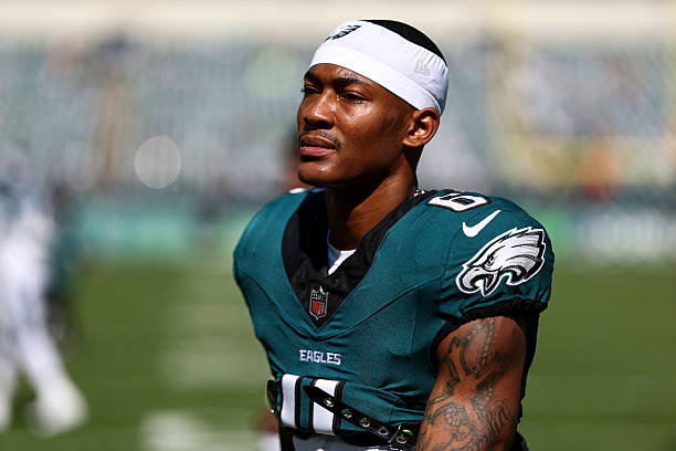 Devonta Smith of the Philadelphia Eagles walks off the field prior to an NFL football game against the Denver Broncos at Lincoln Financial Field on...