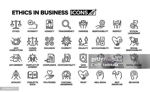 ethik in der geschäftslinie icon set. gruppe von objekten. ethik, integrität, ehrlichkeit, vertrauen, verantwortung, respekt. - respekt stock-grafiken, -clipart, -cartoons und -symbole