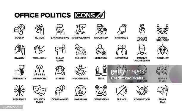 office politics line icon set. group of object. gossip, rumor, bullying, stress, conflict. - office politics stock illustrations