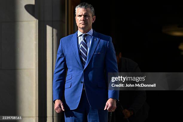 Secretary of War Pete Hegseth waits for the arrival of Qatari Defense Minister Sheikh Saoud Al Thani during a welcoming ceremony at the Pentagon on...