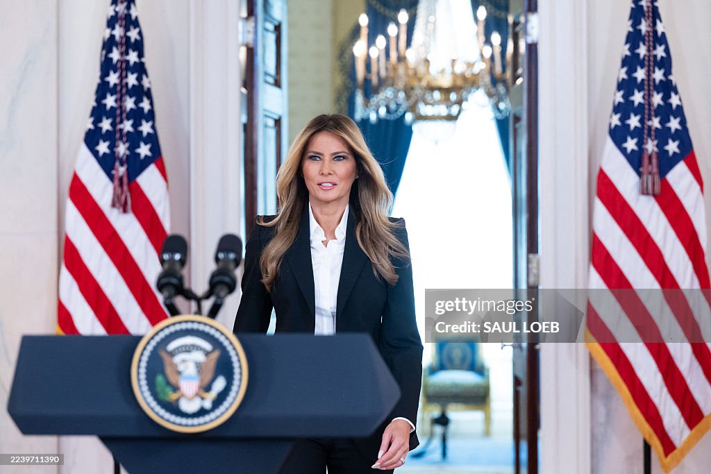 First Lady Name US First Lady Melania Trump arrives to speak about communication with ...