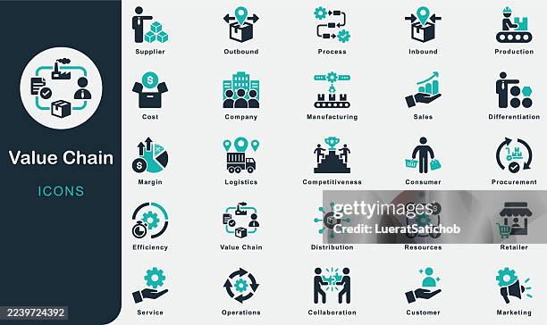value chain solid icons collection.containing supplier, procurement, logistics, inbound, outbound, operations, manufacturing, production, company, distribution, retailer, customer, consumer, marketing - chain stock illustrations