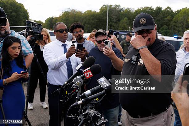 Humphreys County Sheriff Chris Davis speaks to media at Accurate Energetic Systems on October 10, 2025 in McEwen, Tennessee. An explosion this...
