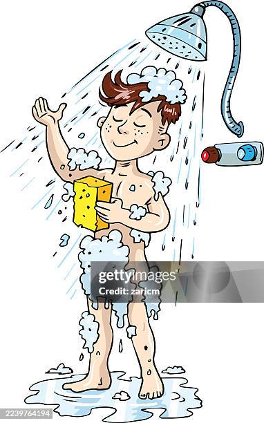 the boy is taking a shower. - small bathroom stock illustrations