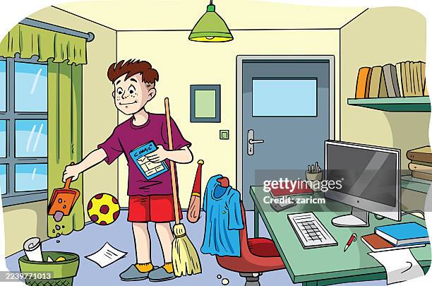 illustrations, cliparts, dessins animés et icônes de le garçon range sa chambre. - chambre bien rangée