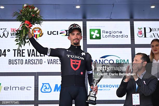 Julian Alaphilippe of France and Tudor Pro Cycling Team on third place poses on the podium ceremony after the 104th Tre Valli Varesine 2025 a 200.3km...