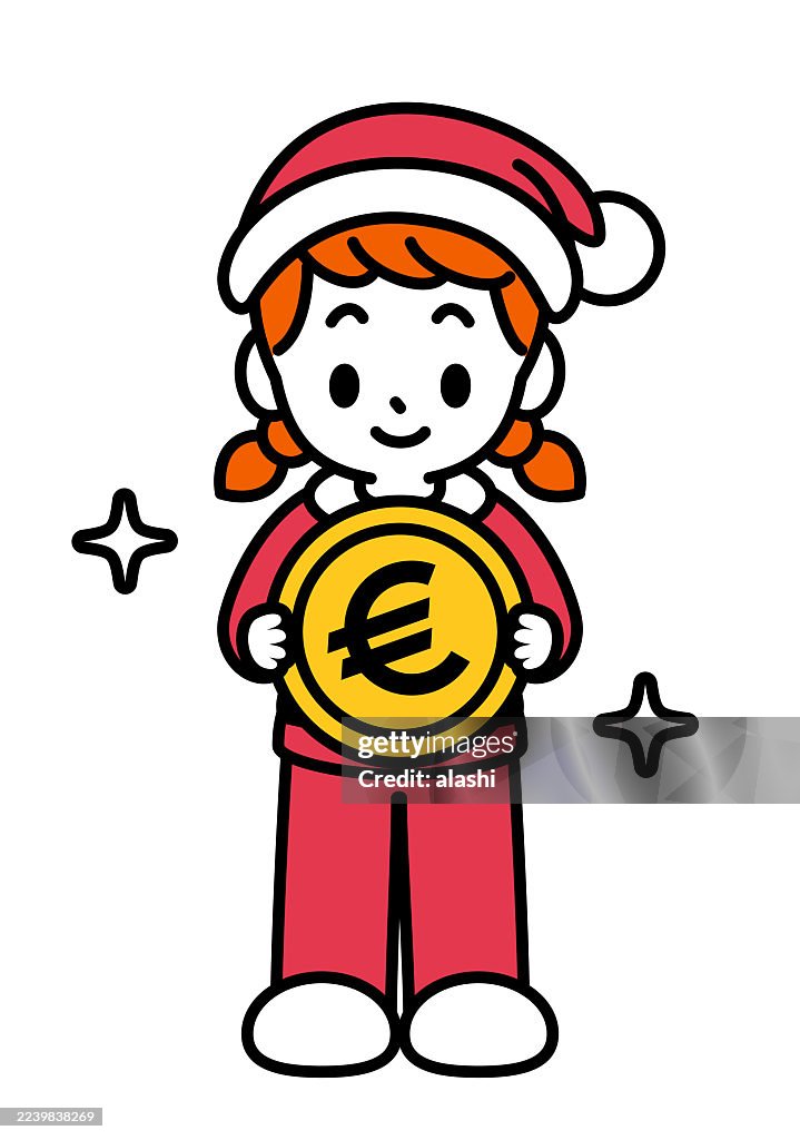 A cute Santa girl in a Christmas suit, smiling happily, holding Money, and looking at the viewer. Front view, black outline with flat colors, minimalist style