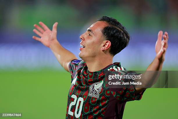 Hugo Camberos of Mexico celebrates after scoring the team's fourth goal during the FIFA U-20 World Cup Chile 2025 Round of 16 match between Chile and...