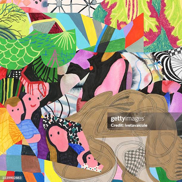 faces. abstract shapes and patterns. collage - oil pastel drawing stock illustrations