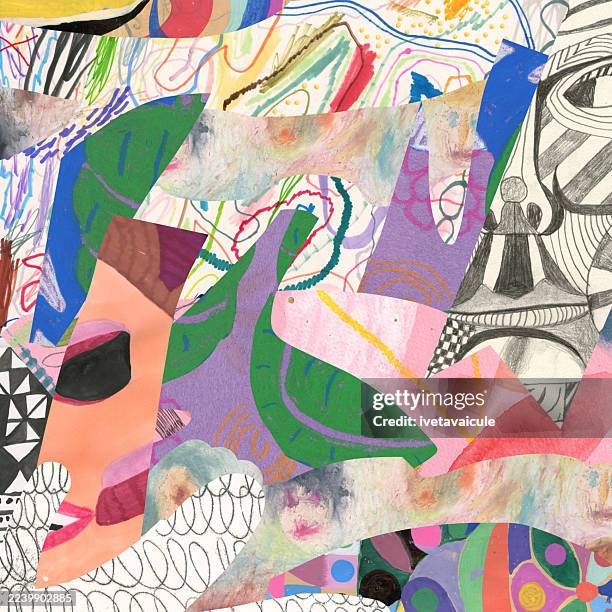 faces. abstract shapes and patterns. collage - oil pastel drawing stock illustrations