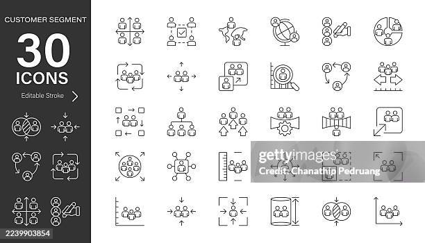 customer segment line vector icon set. pixel perfect. editable stroke. stock illustration. icon symbol, targeted marketing, development, strategy - customer segmentation stock illustrations