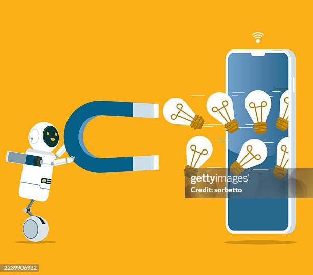 ai robot - magnet attracting idea light bulb - android phone stock illustrations