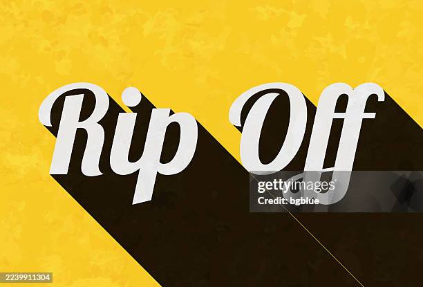 rip off - text with long shadow on textured yellow background - torn poster stock illustrations