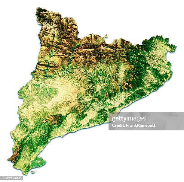cataluña mapa topográfico satelital 3d render color aislado - pirineos fotografías e imágenes de stock