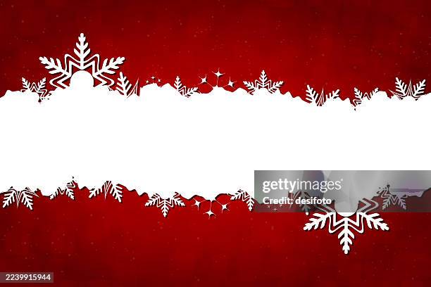christmas new year theme vibrant red festive vector background with white snowflakes centre label band - in the center stock illustrations