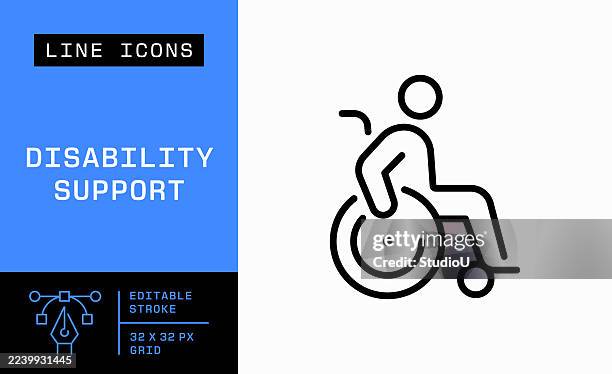 ilustrações de stock, clip art, desenhos animados e ícones de disability support single line icon - cadeira de rodas
