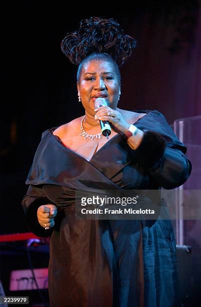 Singer Aretha Franklin performs onstage during Clive Davis' pre-Grammy Gala at the Regency Hotel's Grand Ballroom February 22, 2003 in New York City.