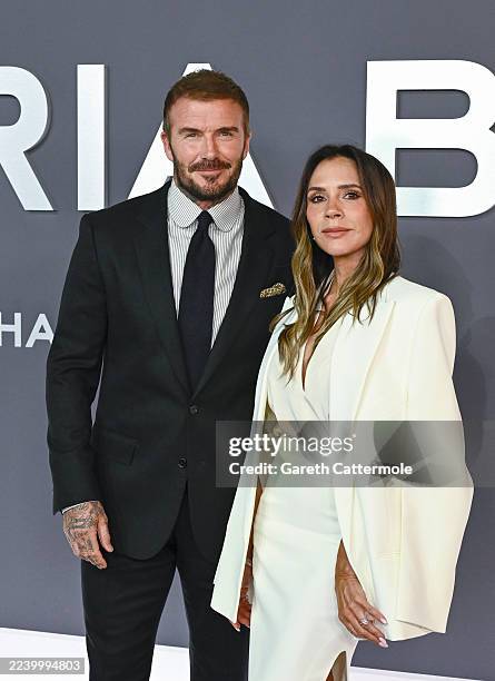 David Beckham and Victoria Beckham attend the "Victoria Beckham" World Premiere at the Curzon Mayfair on October 08, 2025 in London, England.
