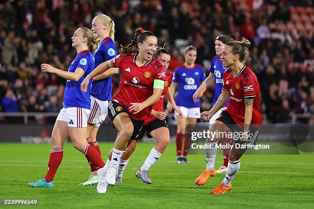 Maya Le Tissier of Manchester United celebrates scoring her sides first goal with Julia Zigiotti Olme during the UEFA Women's Champions League...