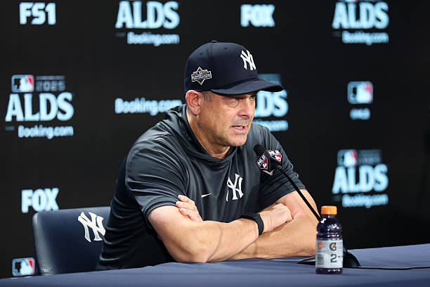 Manager Aaron Boone of the New York Yankees speaks to the media before game four of the American League Division Series against the Toronto Blue Jays...