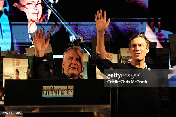 United States Special Envoy to the Middle East Steve Witkoff and Jared Kushner wave after speaking to the crowd at Hostages Square on October 11,...