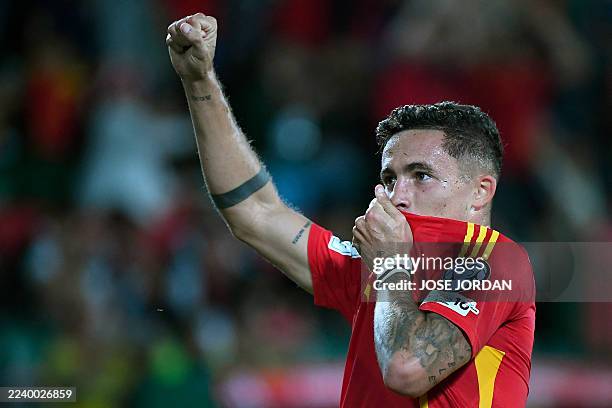 Spain's forward Yeremy Jesus Pino celebrates scoring the opening goal during the 2026 World Cup qualifier Europe zone group E football match between...