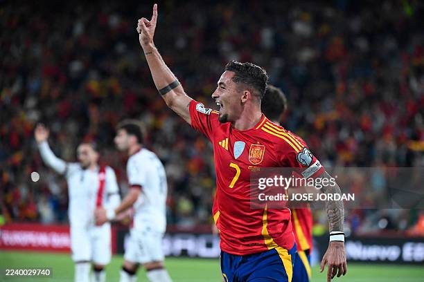 Spain's forward Yeremy Jesus Pino celebrates scoring the opening goal during the 2026 World Cup qualifier Europe zone group E football match between...